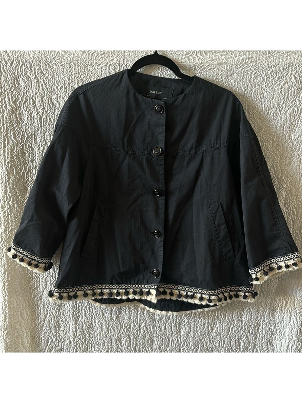 Zara Basics Embroidered Fringe Pom Pom Tassel Button-Up Jacket